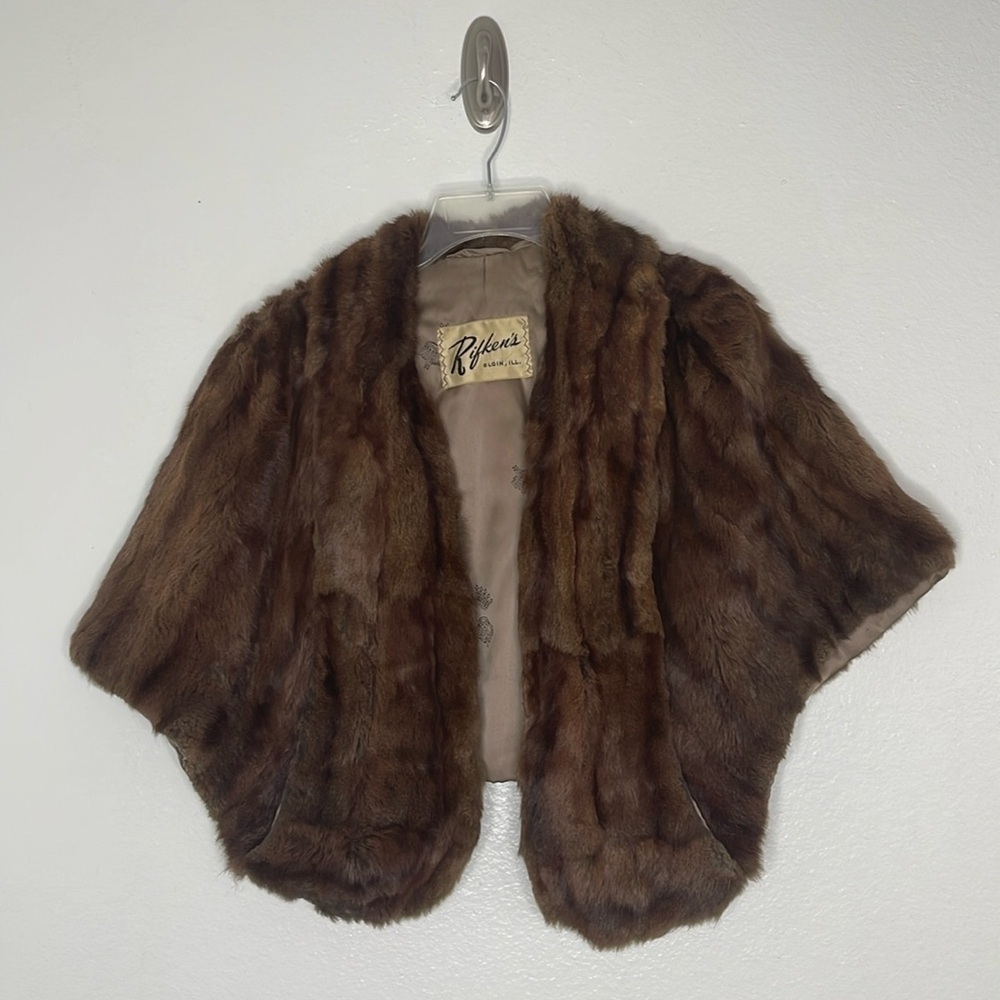 Vintage Rifken's Elegin, ILL. Brown Real Fur Bolero Jacket Cape Shawl One Size